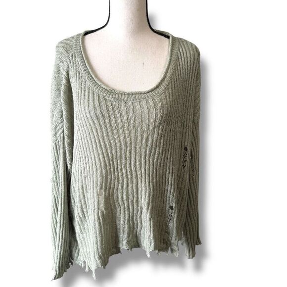 Pol Knit Scoop Neck Distressed Raw Hem Pullover Sweater Green Size Large - Picture 1 of 10
